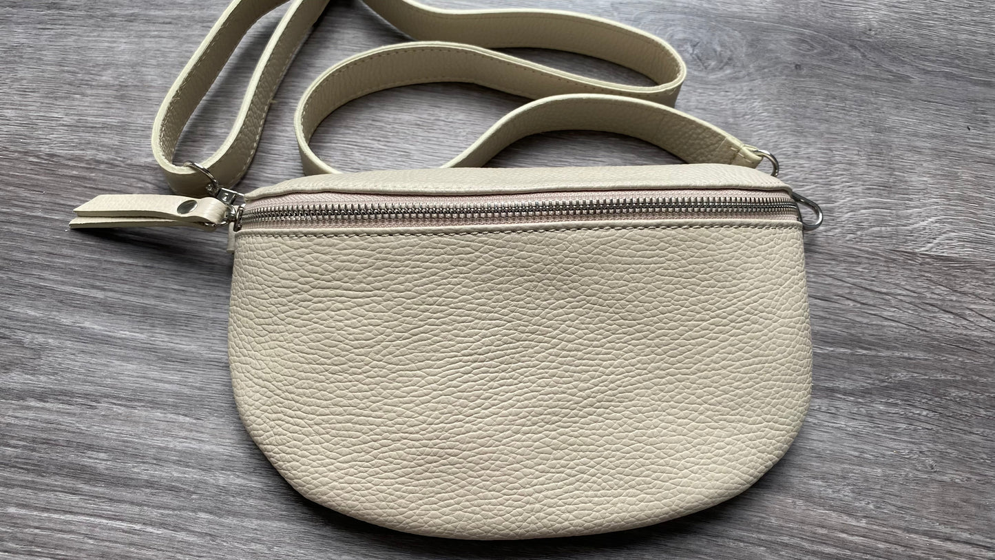 Damen Bauchtasche -crossbody bag -Schultertasche- echtes Leder Hellbeige von Grösse M