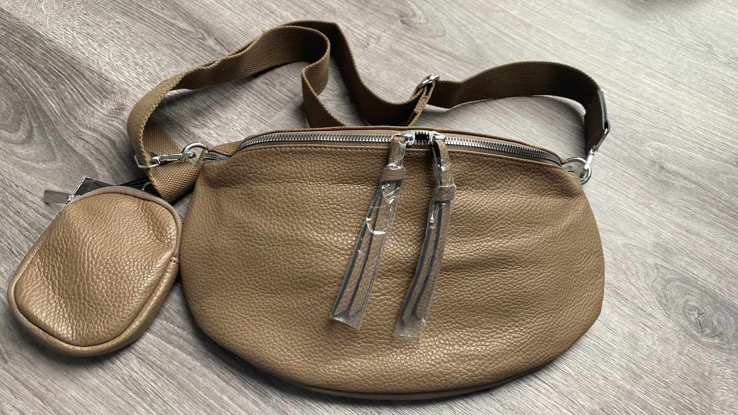 Damen Umhängetasche -Crossbody bag -Hüfttasche-mit kleiner Münzenstasche Taupe