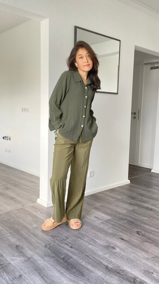 New Musselinen Bluse in oversize Herbst Kaki