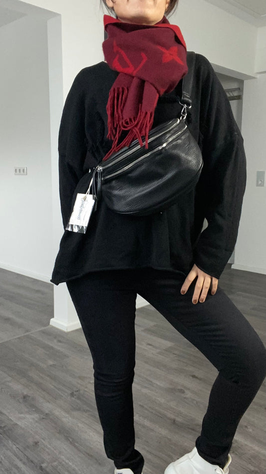 Damen Umhängetasche-Schultertasche-Bauchtasche mit mehrer Fächer in Schwarz