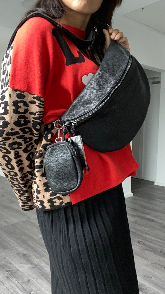 Damen Umhängetasche -Crossbody bag -Hüfttasche-mit kleiner Münzenstasche In Schwarz